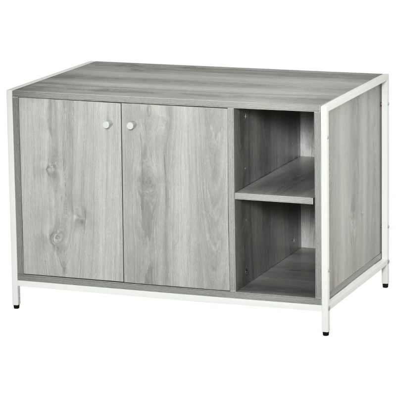 PawHut Cat Litter Box Enclosure Hidden Cat Furniture Cabinet Indoor Cat Washroom Double-door Nightstand End Table with Damping Hinge Multiple Storage Place Adjustable Partition Grey