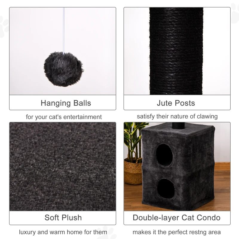 PawHut 86.5"-96.5" Cat Tree Floor to Ceiling Condo w/ Jute Scratching Post Dangling Ball Adjustable, Grey