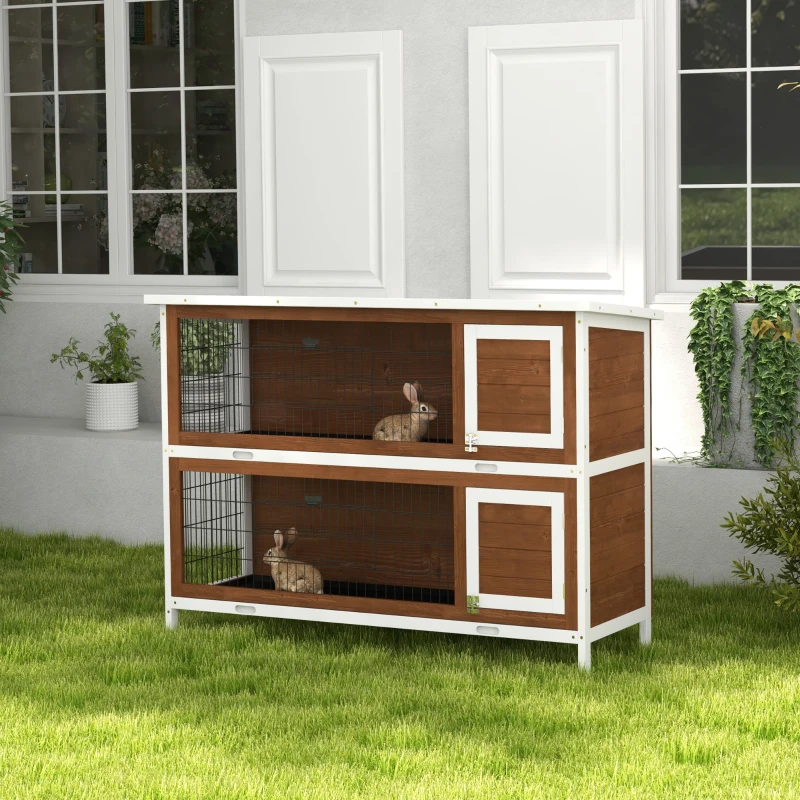 PawHut 2 Tier Wooden Rabbit Hutch Bunny Pet House Wooden Coop Run, Brown