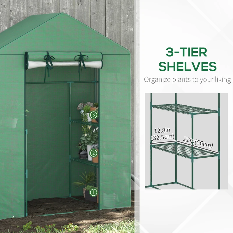Outsunny Walk-in Mini Greenhouse with Mesh Door & Windows, Portable Garden Green House with 3 Tier Shelves, Water & UV Resistant PE Cover, Green