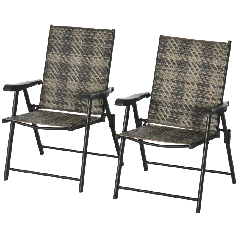 Outsunny Patio Wicker Dining Chair Set of 2, Outdoor Dining Chair Set, PE Rattan Foldable Chair with Steel Frame for Garden, Backyard, Porch, Grey/Beige
