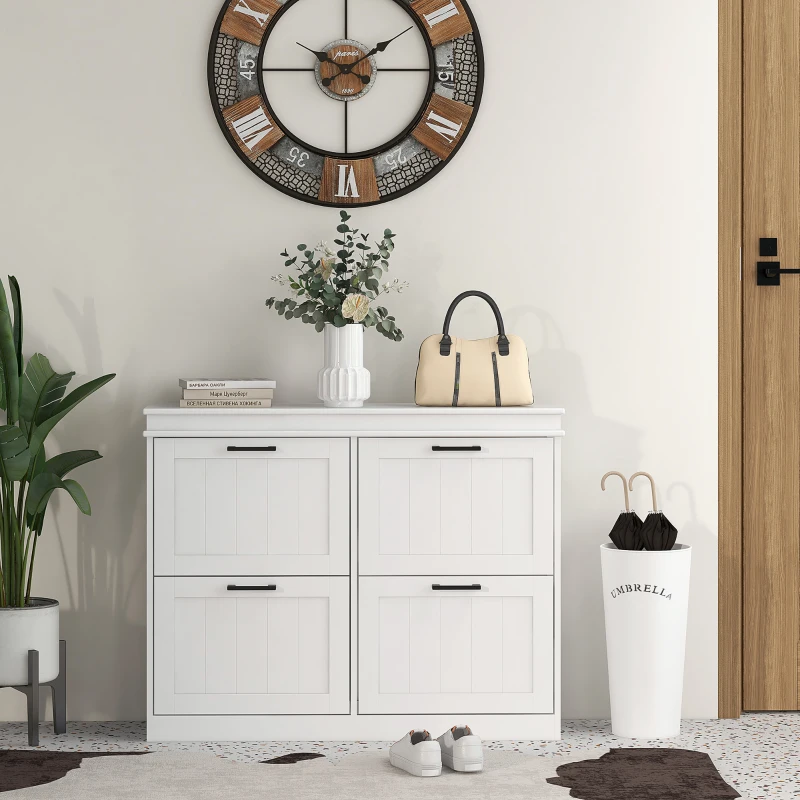 HOMCOM Shoe Storage Cabinet with 4 Flip Drawers and Adjustable Shelves, Narrow Shoe Cabinet for 20 Pairs of Shoes, White