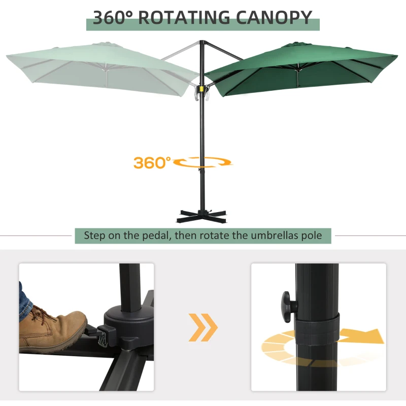 Outsunny 8' x 8' Square Cantilever Umbrella with 360° Rotation, Aluminum Outdoor Cantilever Market Parasol with Crank & Tilt, Garden Sun Canopy Shelter with Cross Base, Green