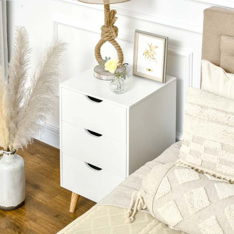 HOMCOM Bedside Table, Modern Nightstand with 3 Drawers, Side End Table with Wood Legs for Living Room, Bedroom, White