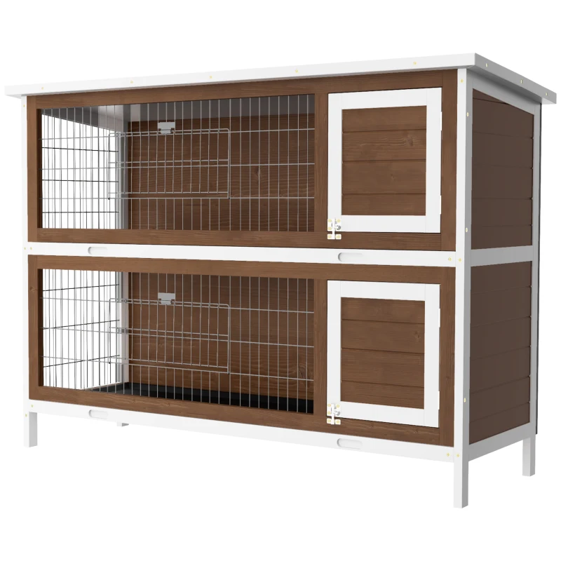 PawHut 2 Tier Wooden Rabbit Hutch Bunny Pet House Wooden Coop Run, Brown