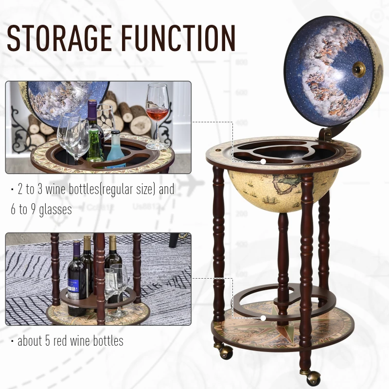 HOMCOM Rolling 18" Globe Wine Bar Stand Wine Cabinet Bottle Shelf Holder Wine Host Trolley with Wheels, Beige