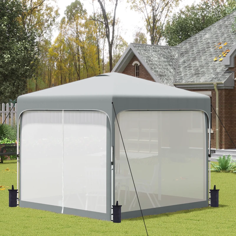 Outsunny 10' x 10' Pop Up Gazebo, Foldable Canopy Tent with Carrying Bag with Wheels, 4 Leg Weight Bags, Mesh Sidewalls and 3-Level Adjustable Height for Garden Patio Party, Grey