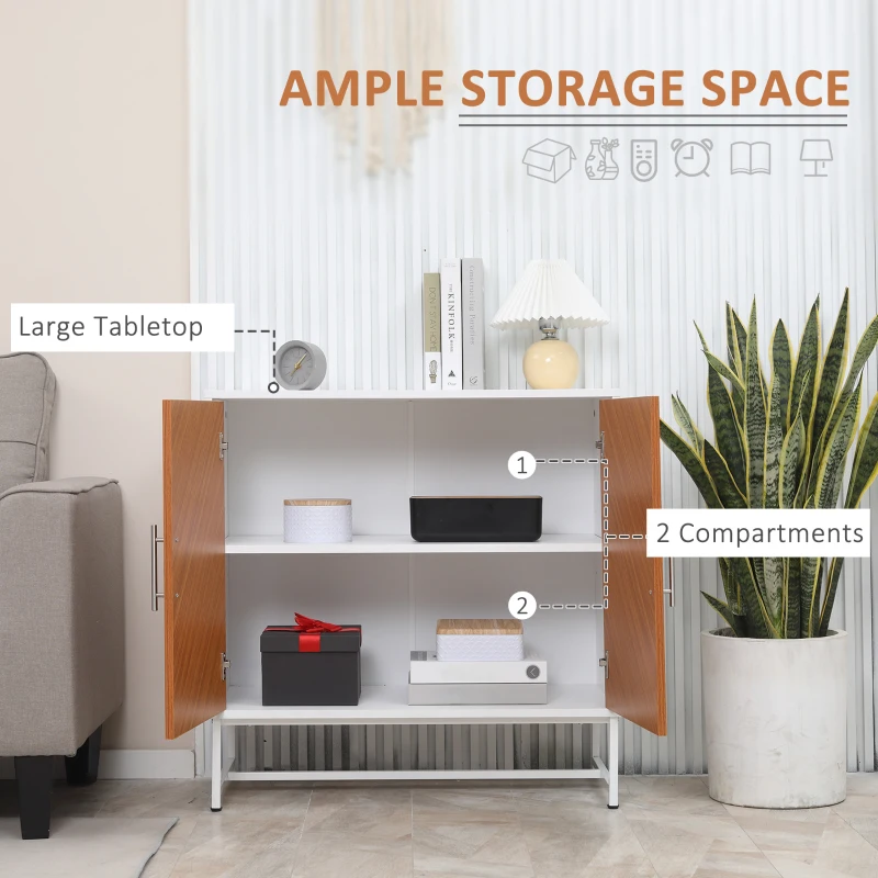 HOMCOM Kitchen Sideboard Buffet Cabinet with Adjustable Shelf, Metal Base, White, Brown