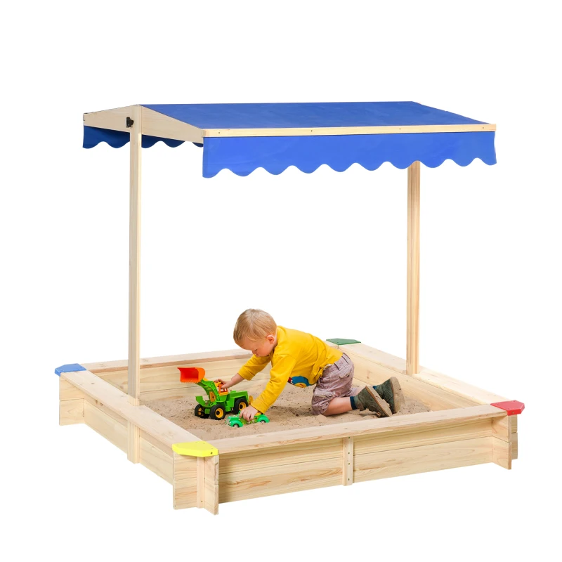Outsunny Kids Wooden Sandbox with Cover, Play Sand Station for Children Outdoor Sand box, with Seats, for Backyard, Beach, 47" x 47" x 47", Natural