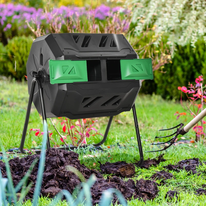 Outsunny Tumbling Compost Bin Outdoor Dual Chamber 360° Rotating Composter 43 Gallon w/ Sliding Doors & Solid Steel Frame, Green