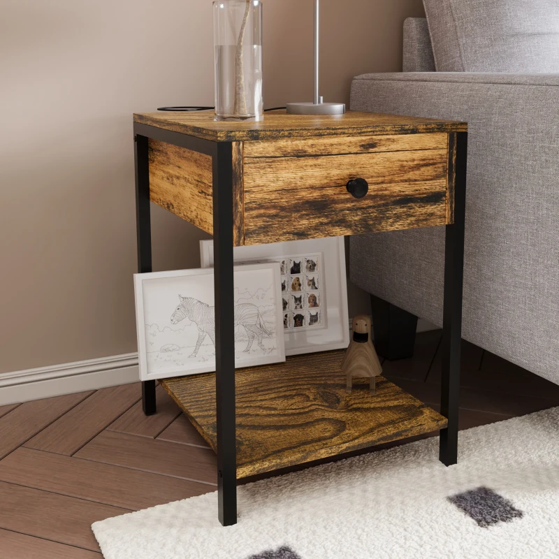 HOMCOM Industrial Side Table with Storage Shelf & Drawer, Accent Table, Versatile Night Stand, for Living Room, Bedroom, Rustic Brown