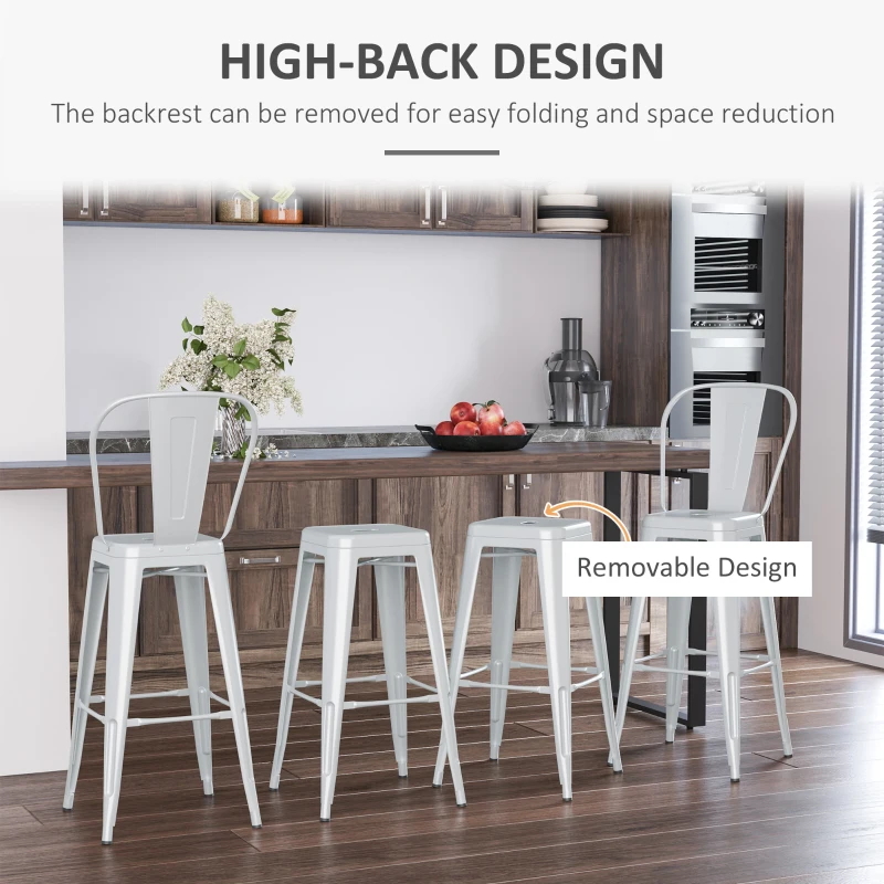 HOMCOM Set of 4 Bar Stools Kitchen Industrial Breakfast Bistro Cafe Metal Frame Silver Grey