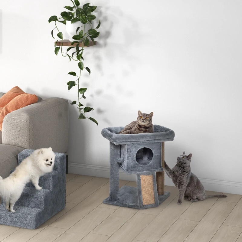 PawHut Cat Tree, Small Cat Tower with Perch, Scratching Post, Cat Condo, Toy Ball for Kitty, Indoor Use, Grey