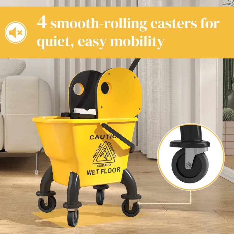HOMCOM Mop Bucket with Wringer on Wheels for Floor Cleaning, 27.5 Quart Down Press Wringer with Handle and Mop, Yellow