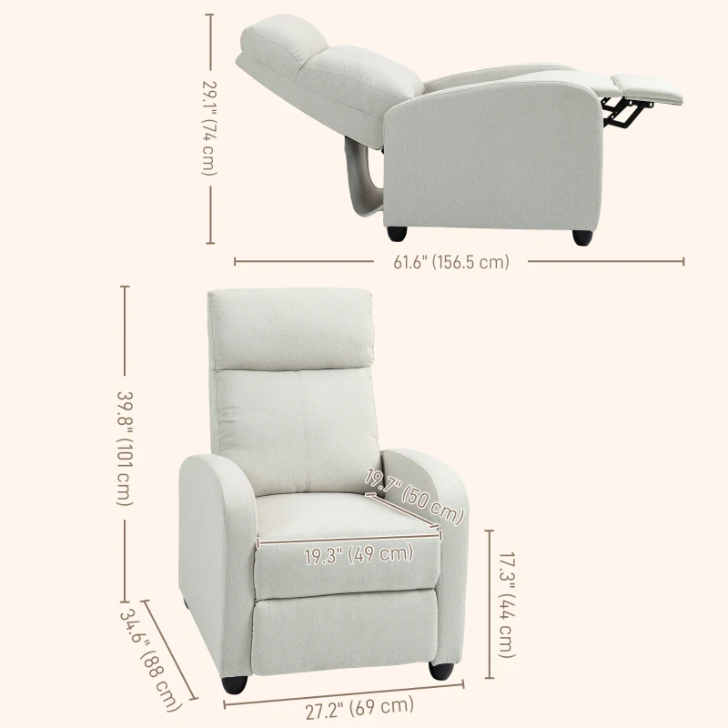 HOMCOM Manual Recliner Sofa Home Theater Seating, Single Reclining Sofa Chair with Padded Seat for Living Room, Cream White