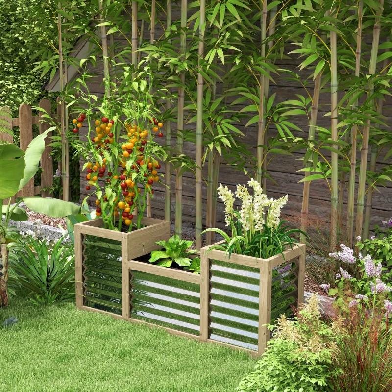 Outsunny Metal and Wood Combined Planter Box, Raised Garden Beds, for Growing Flowers, Herbs and Vegetables