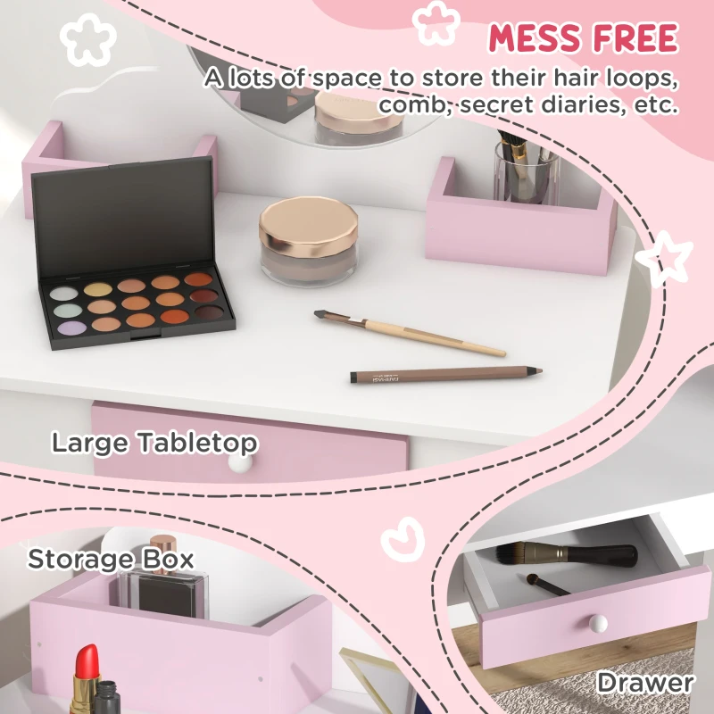 Qaba Kids Makeup Vanity Set with Stool, Mirror, Drawer, Storage Boxes, Unicorn Design, White