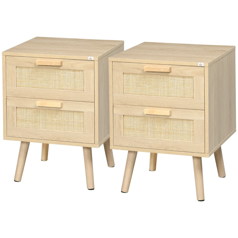HOMCOM Boho Design Nightstand Set of 2, Side End Table with 2 Drawers for Living Room, Bedroom