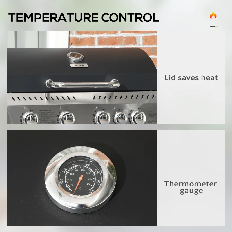 Outsunny 40,000 BTU Propane Gas Grill BBQ Cart with 4 Main Burners, 1 Side Burner, with Warming Rack, Side Prep Tables, Black