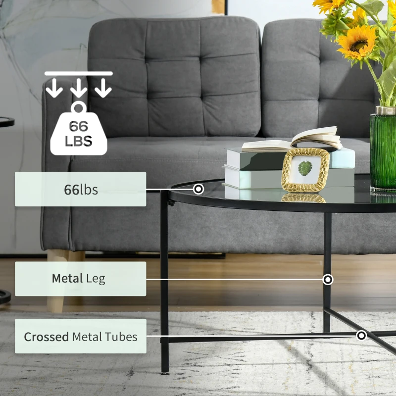 HOMCOM Modern Round Coffee Table with Tempered Glass Tabletop, Accent Side Table, Center Table for Living Room, Black