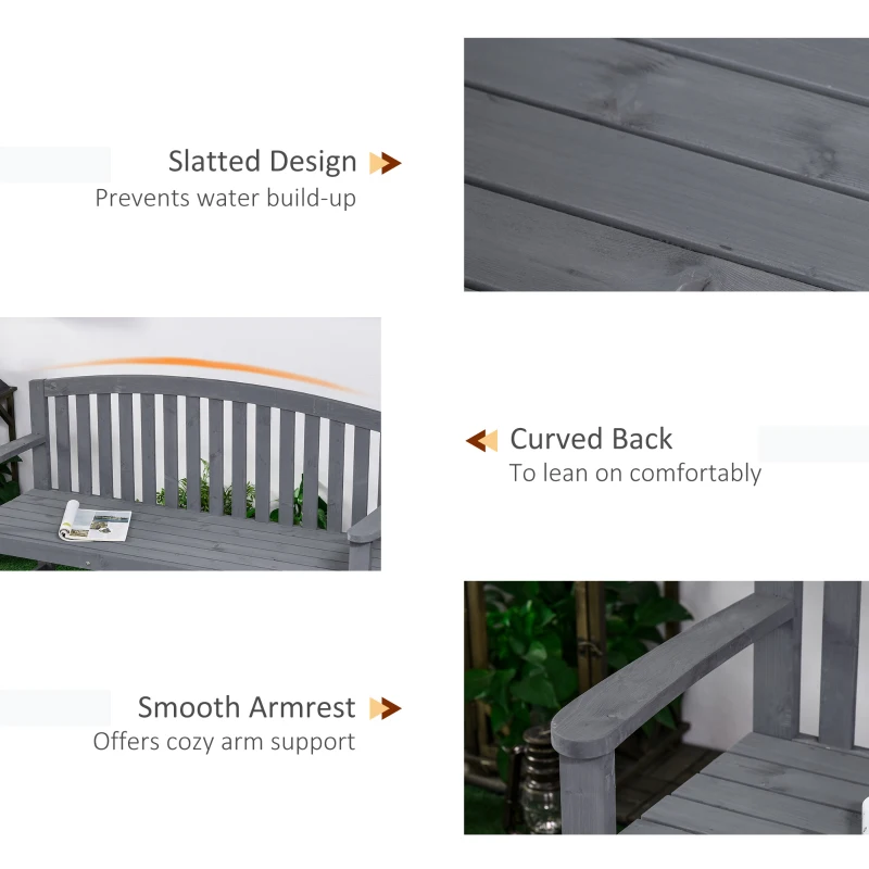 Outsunny Wooden Bench, Outdoor Bench with Slatted Design, Backrest, Armrests for Garden, Park, Backyard, Grey