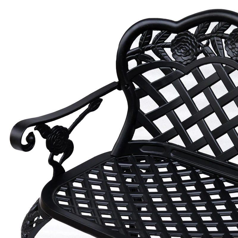 Outsunny Metal Garden Bench, 2 Seater Outdoor Patio Loveseat with Armrest and Floral Scroll Backrest, 42.1"x22.8"x33.5", Black
