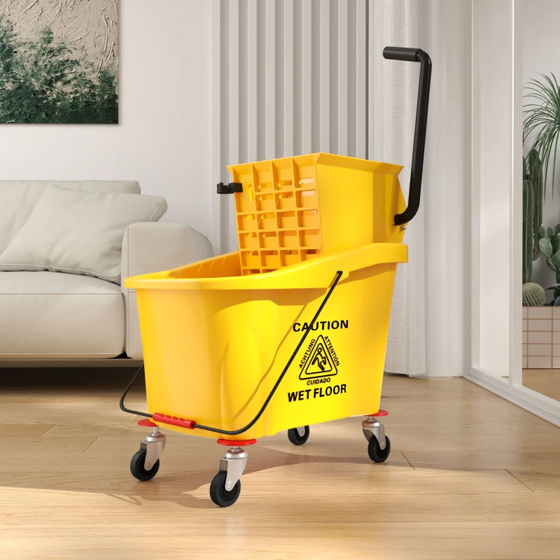 HOMCOM Mop Bucket with Wringer on Wheels for Floor Cleaning, 38 Quart Down Press Wringer with Handle, Yellow