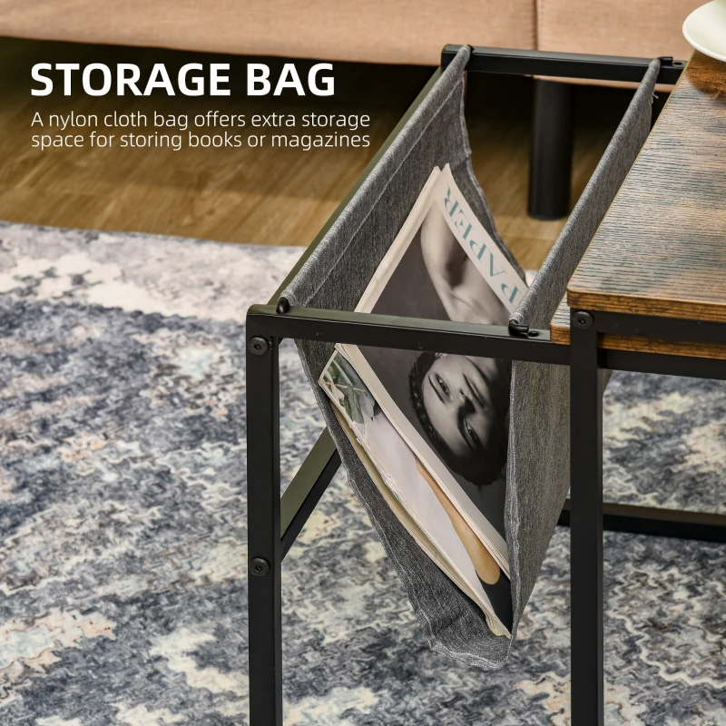 HOMCOM Coffee Table Set of 2, Nesting Tables with Storage Bag and Steel Frame for Living Room, Rustic Brown