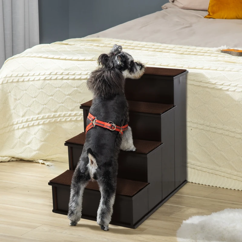 PawHut 4 Levels Wooden Dog Steps Pet Stairs for High Bed, Cat Ladder for Bed Couch with Non-Slip Carpet, Dark Coffee