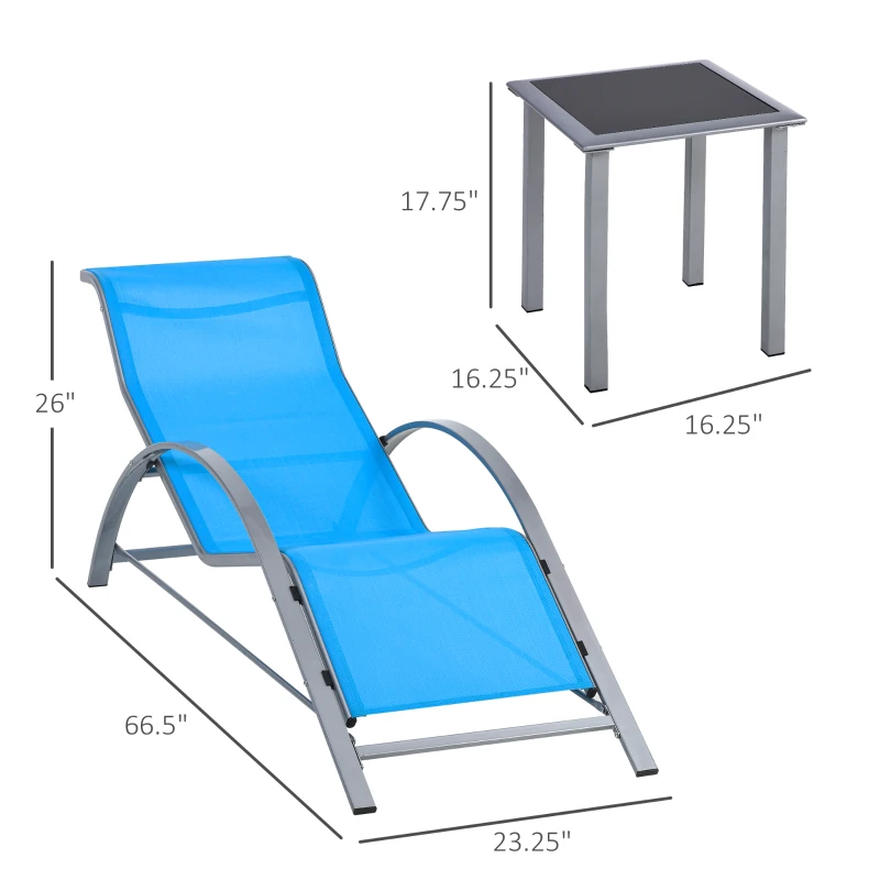 Outsunny 3 Pieces Patio Pool Lounge Chairs Set, Outdoor Chaise lounge with 2 S-Shaped Sunbathing Chairs and a Glass Top Table, for Yard Garden, Blue