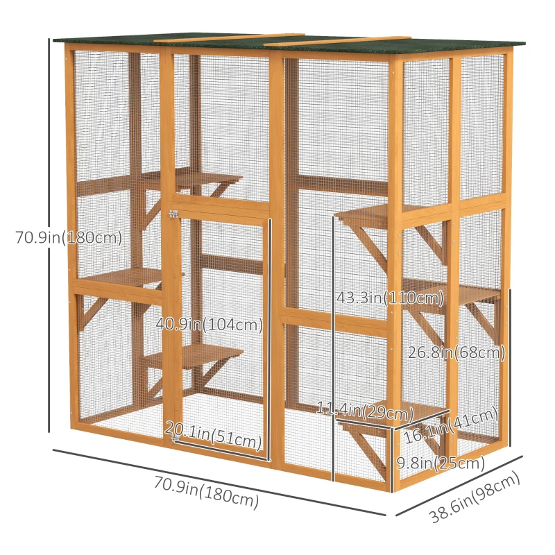 PawHut 71" x 39" x 71" Cat Cage, Large Outdoor Wooden Cat Patio with 6 Balanced Platforms and Asphalt Roof, Orange