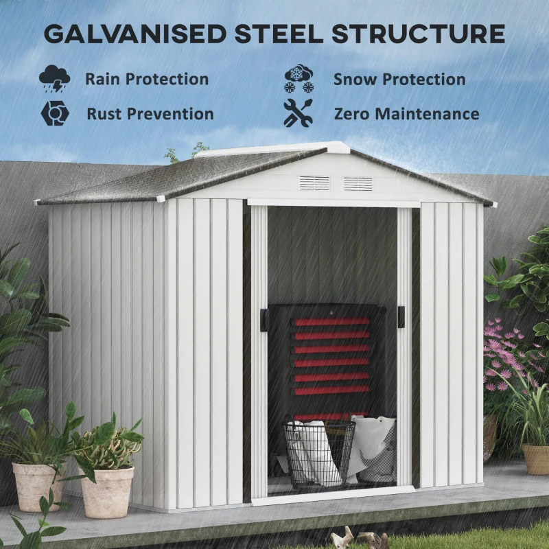 Outsunny 7'x 4'x 6' Garden Tool Shed Metal Storage Shed w/ Foundation Kit and Double Doors Silver