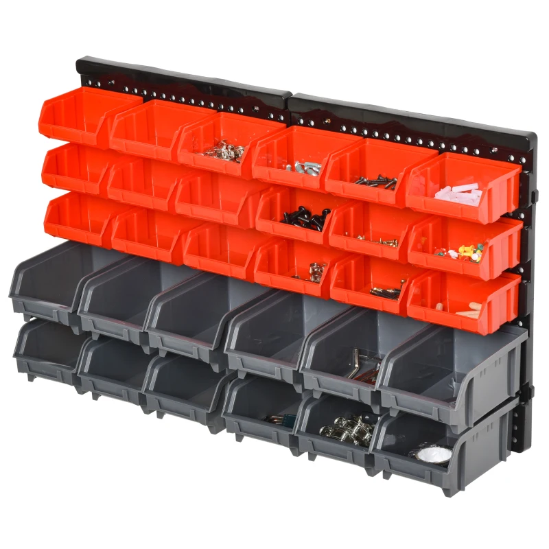 DURHAND Wall Mounted Storage Bin Rack Tool Organizer with 30 Bins, Pegboard for Garage Workshops Red