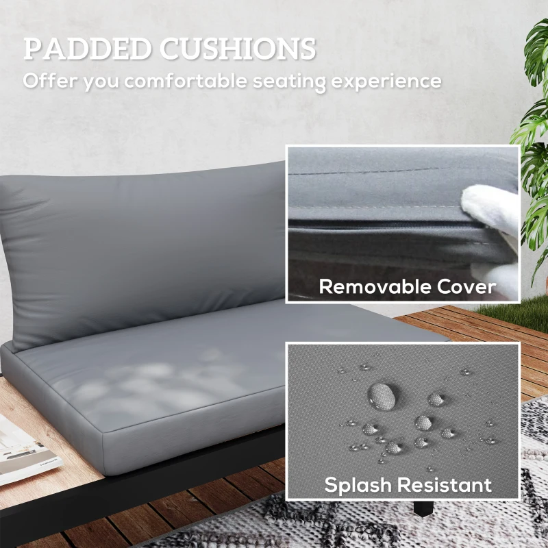 Outsunny 2 Seater Patio Sofa, Outdoor Sofa Couch with Wood Grain Side Tray and Cushions for Balcony, Backyard, Grey