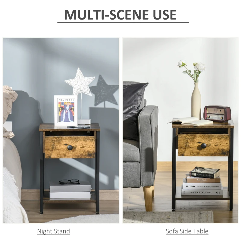 HOMCOM Industrial Side Table with Storage Shelf & Drawer, Accent Table, Versatile Night Stand, for Living Room, Bedroom, Rustic Brown