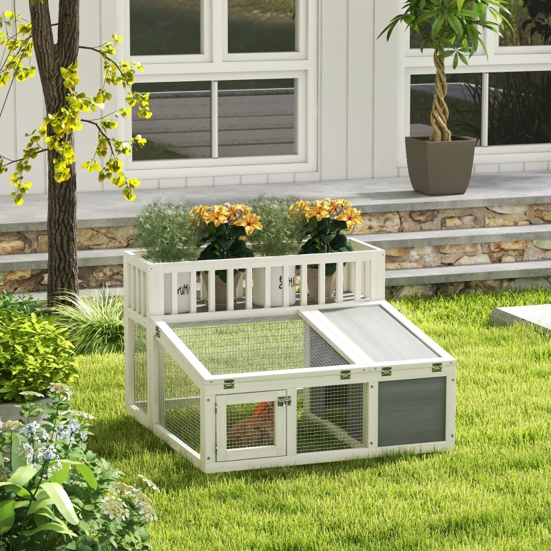 PawHut Rabbit Cage Outdoor Indoor Guinea Pig Cage with Run, Openable Tops, for 1-2 Rabbits, 37" x 35" x 24", Grey