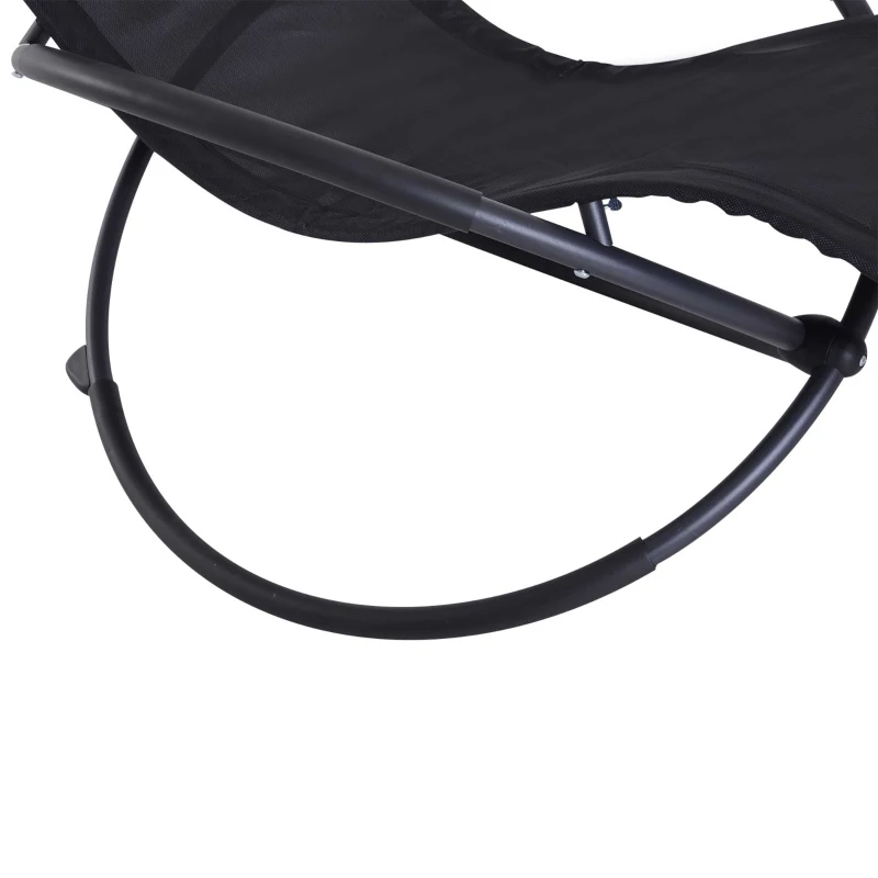 Outsunny Outdoor Rocking Lounge Chair, Foldable Zero Gravity Rocking Chair, Orbital Outdoor Patio Chaise Lounge Rocker with Mesh Seat and Pillow, Black