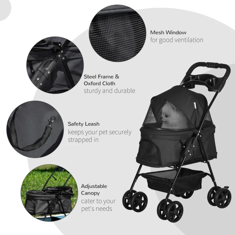 PawHut Dog Stroller Foldable Design with Storage Basket, Adjustable Canopy, Cup Holder, Safety Leashes, for Mini Dogs, Black