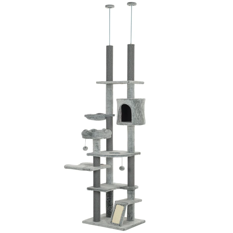 PawHut 89" -100" Adjustable Height Floor to Ceiling Cat Tree, Multi Levels Cat Climbing Tower with Scratching Posts