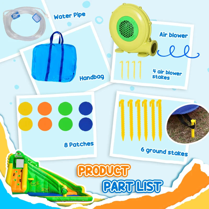 Outsunny Inflatable Water Slides, 6 in 1 Crocodile Large Bouncy House for Kids Backyard w/ Air Blower, Climbing Wall, Water Cannon, Basket