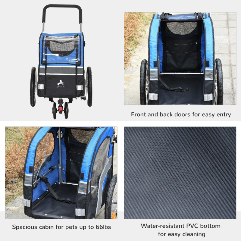 Aosom Dog Bike Trailer 2-in-1 Pet Stroller Cart Bicycle Wagon Cargo Carrier Attachment for Travel with 360° Swivel Wheel Reflectors Flag Blue