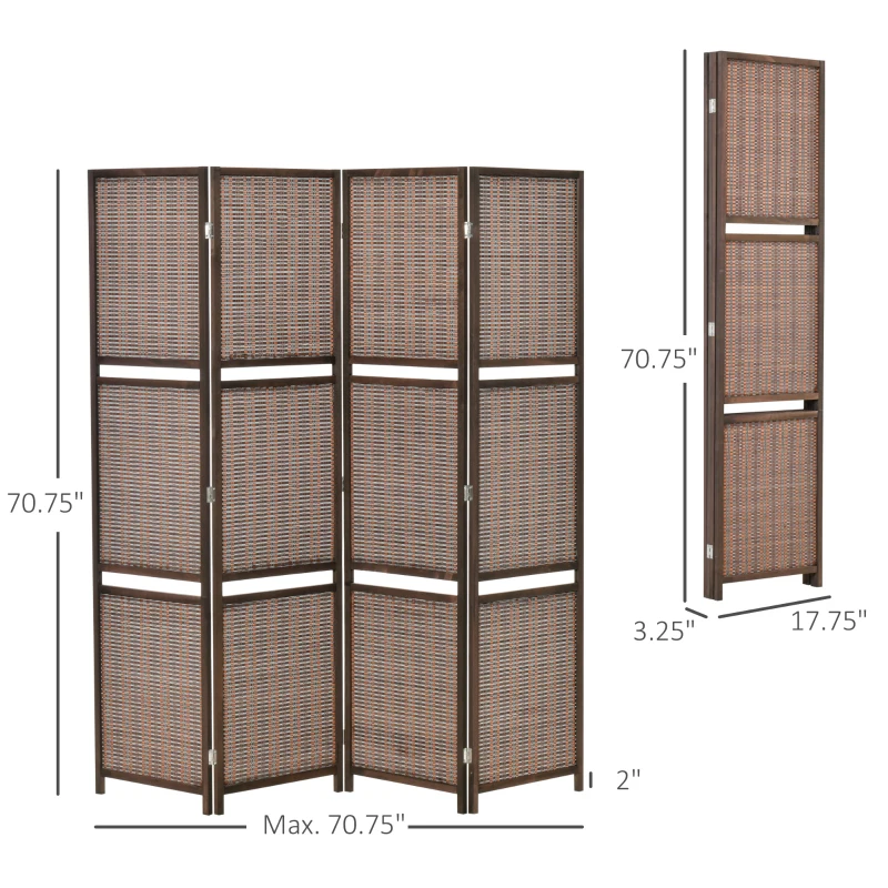 HOMCOM 4 Panel Room Divider, 6ft Tall Bamboo Folding Screen with 2 Storage Shelves for Bedroom, Office, Brown