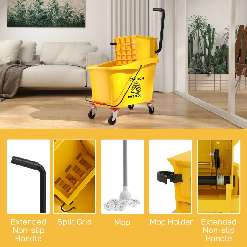 HOMCOM Mop Bucket with Wringer on Wheels for Floor Cleaning, 38 Quart Down Press Wringer with Handle, Yellow