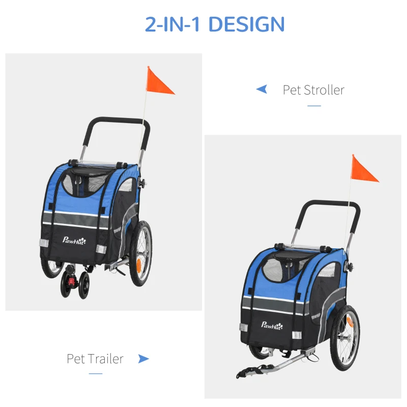 Aosom Dog Bike Trailer 2-in-1 Pet Stroller Cart Bicycle Wagon Cargo Carrier Attachment for Travel with 360° Swivel Wheel Reflectors Flag Blue