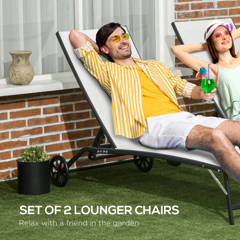 Outsunny 2PCs Lounge Chairs with Wheels, 5-Level Adjustable Backrest for Garden, Backyard, Patio, Deck, Poolside, White