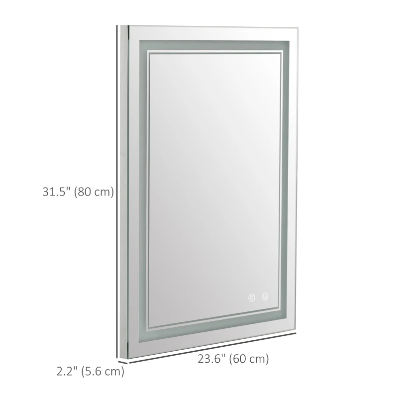 kleankin 24" x 32" LED Bathroom Mirror, Dimmable Lighted Anti Fog Wall-Mounted Mirror, with 3 Colour, Smart Touch, Plug-in, Vertical or Horizontal Hanging