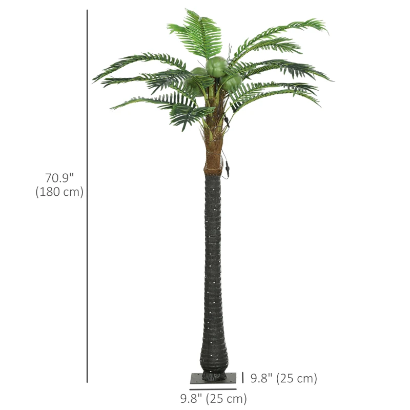 Outsunny 6FT Artificial Light Up Palm Tree Lighted Tropical Fake Tree with Remote 240 Lights 3 Coconuts for Outdoor Indoor Green