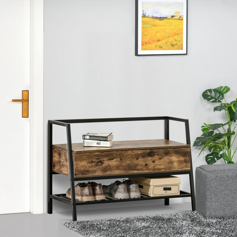 HOMCOM Industrial Shoe Storage Bench, Shoe Storage with Seat, Entrance Bench with 2 Hidden Compartments and Shelf for Hallway