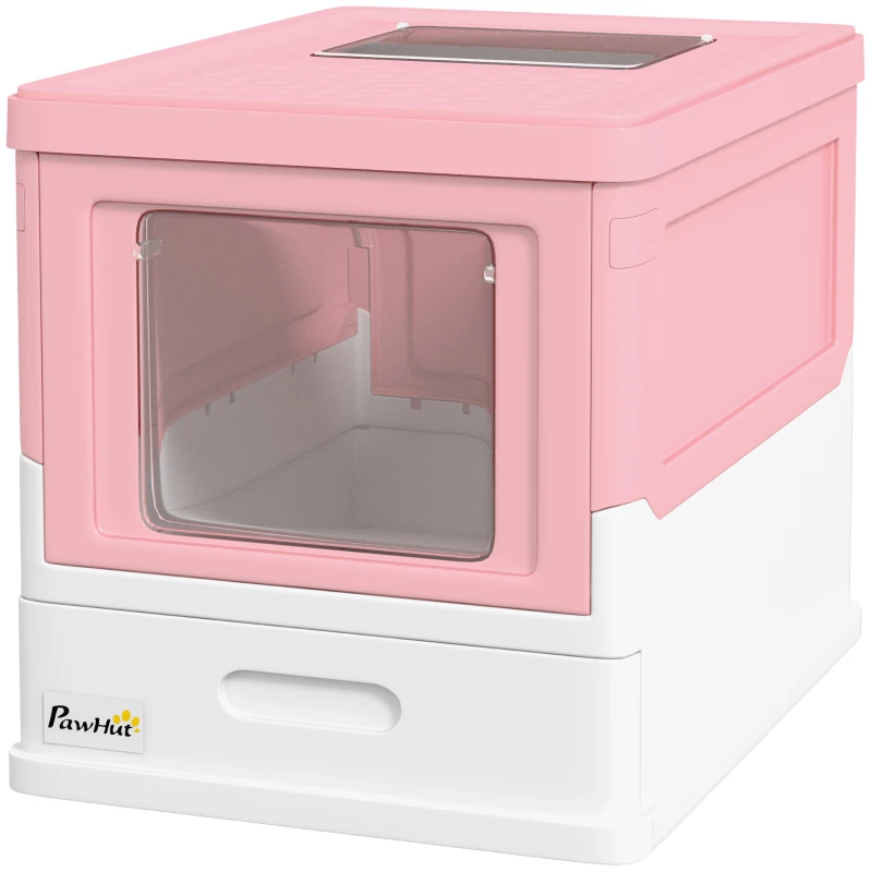 PawHut Top Entry Enclosed Kitty Litter Box with Scoop, Tray, Front Entry, Large Space, Foldable, Portable, Pink