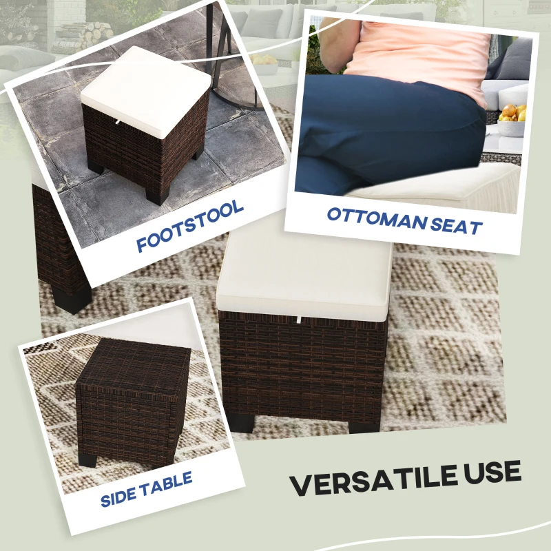 Outsunny 2 Piece Wicker Outdoor Ottomans with Cushions, Rattan Ottoman Footrest and Side Table for Patio, Yard, Poolside, Beige